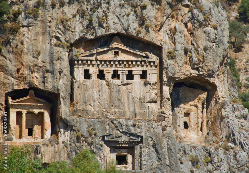 Ancient Lycian tombs built in 400BC along Dalyan River in Turkey