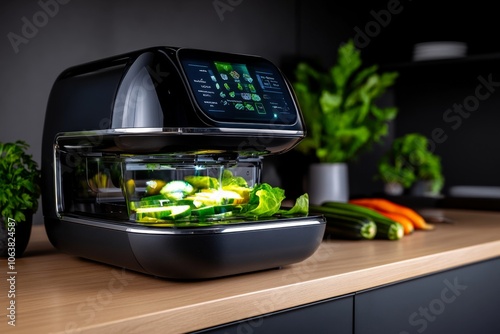 High-tech, automated chopping machine slicing vegetables with precision, with digital displays and laser-guided cuts photo