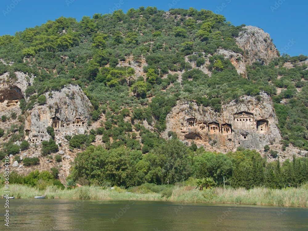 Ancient Lycian tombs built in 400BC along Dalyan River in Turkey