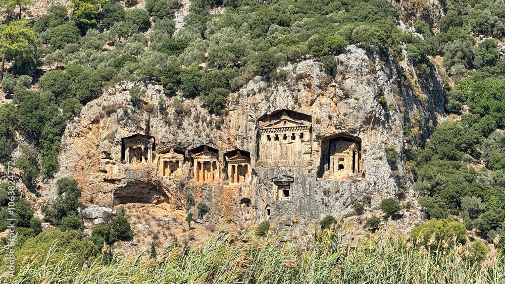 Ancient Lycian tombs built in 400BC along Dalyan River in Turkey