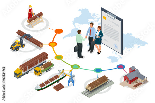 Isometric Exporting Wood. Global logistics network. Rail freight wood, cargo ship is being loaded with logs, Truck with trailer loaded with tree trunks