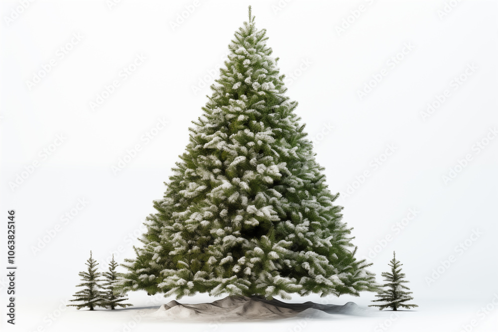 Obraz premium Festively decorated artificial Christmas tree covered in snow with smaller trees on a white background during winter season