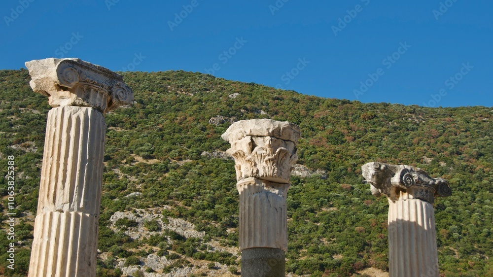 Different designs of columns in ancient Ephesus Ruins in Turkey