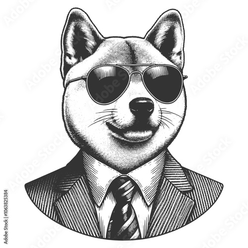 Shiba Inu dog businessman in sunglasses, stylish and confident personality with vintage flair sketch engraving generative ai vector illustration. Scratch board imitation. Black and white image.