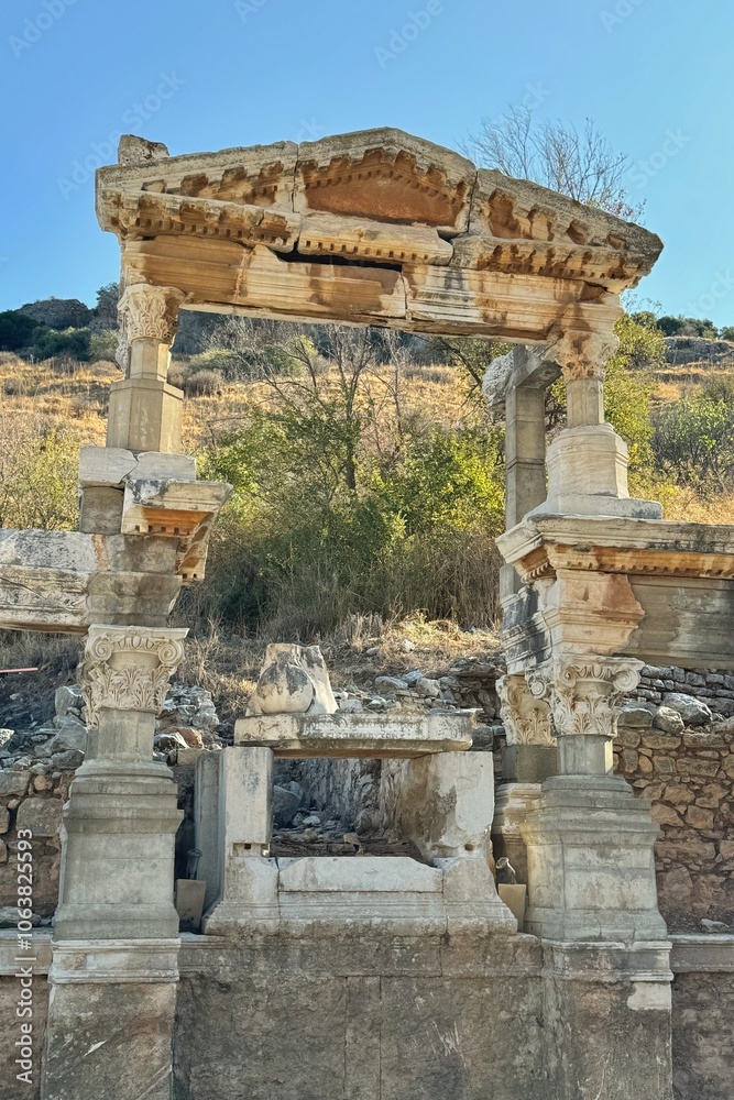 The remains of Nymphaeum Traiani Fountain in Ephesus Ruins in Turkey