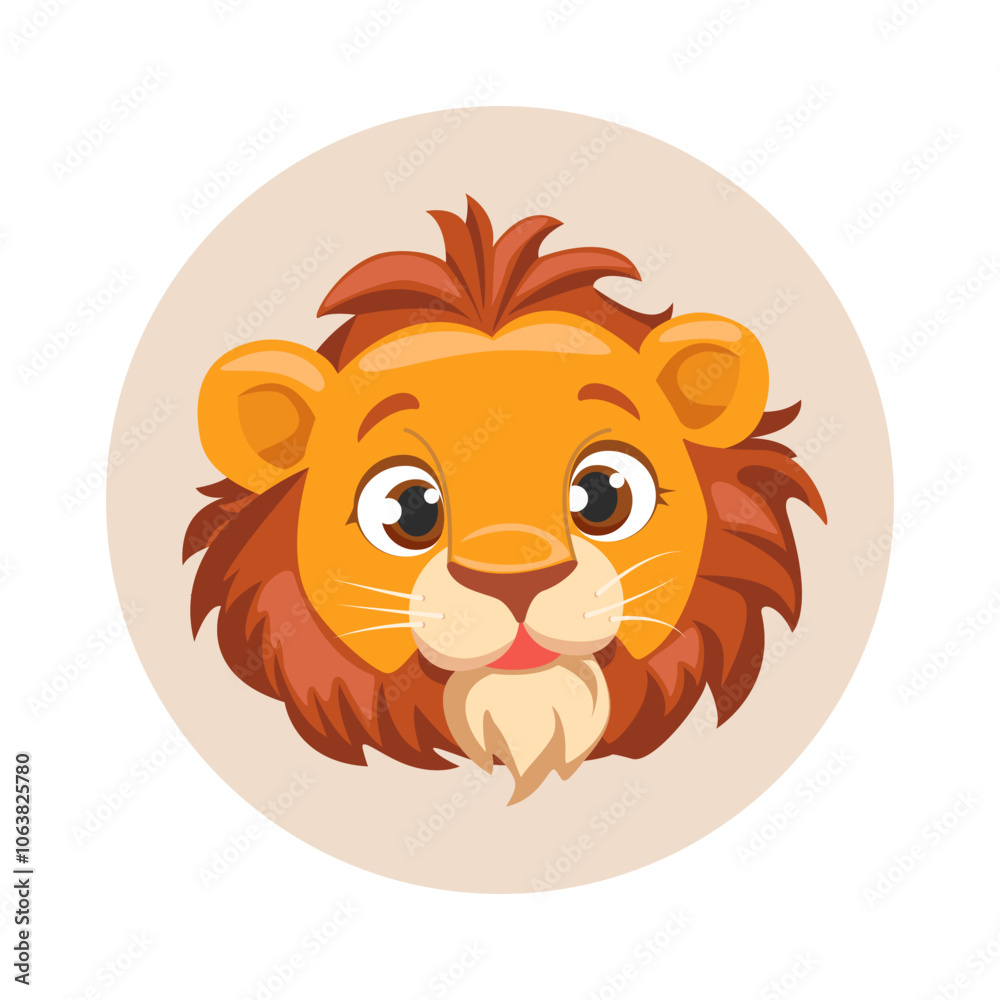 Cartoon Lion head, wild animal baby lion face.