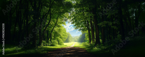 A serene view of a lush green forest with a sunlit clearing in the distance, creating a natural pathway towards an open meadow under a bright blue sky