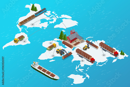 Isometric Exporting Wood. Global logistics network. Rail freight wood, cargo ship is being loaded with logs, Truck with trailer loaded with tree trunks.