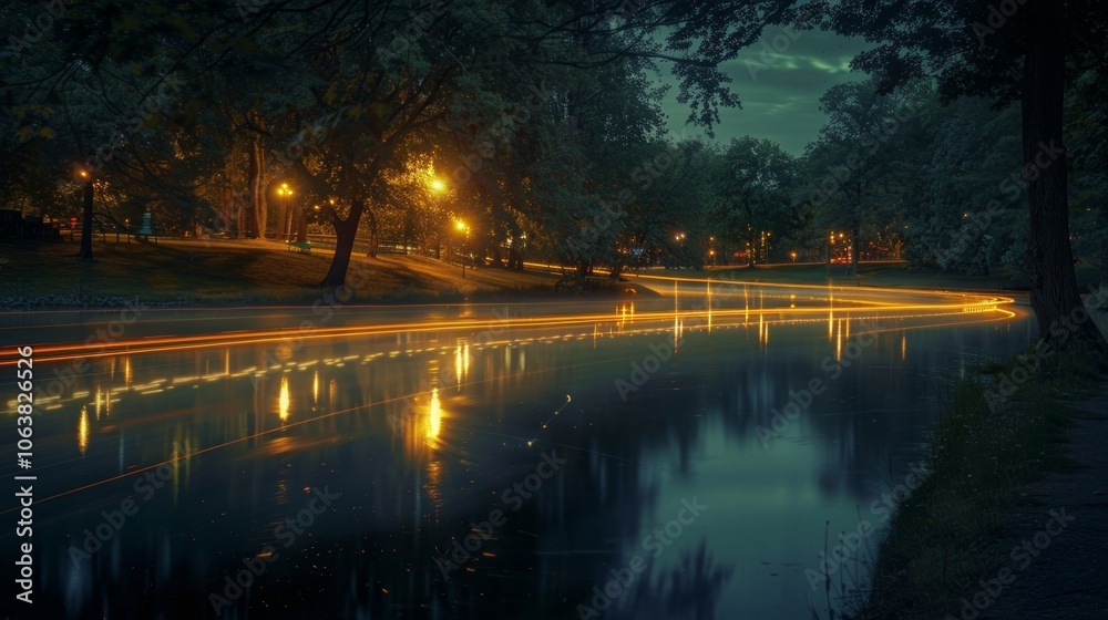 The shimmering reflection of an amut parks light trails dances on the nearby lake creating a surreal scene. The shimmering reflection of an amut parks light trails dances on the nearby lake creating a surreal scene.