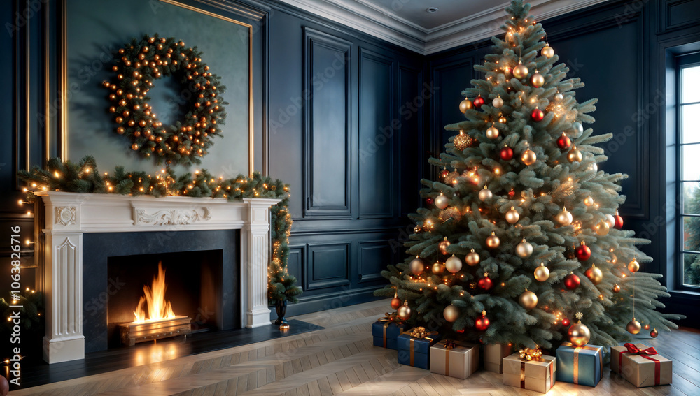 Christmas living room with tree with presents and fireplace
Christmas living room with tree with presents and fireplace