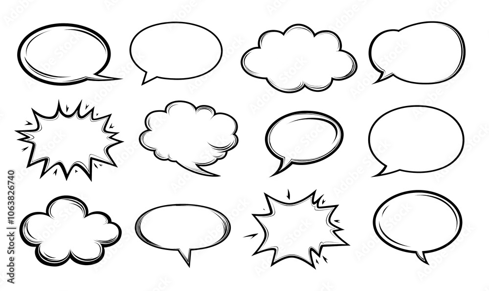 Fototapeta premium Collection of comic-style speech and thought bubbles with black outlines, perfect for adding dialogue or thoughts to comic illustrations or graphic designs