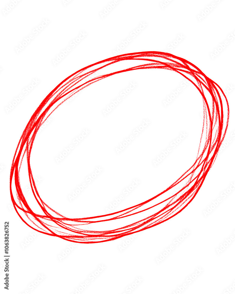 Thin red hand-drawn oval sketch with multiple overlapping lines, ideal for highlighting or adding emphasis in design projects with a casual, artistic feel Thin red hand-drawn oval sketch with multiple overlapping lines, ideal for highlighting or adding emphasis in design projects with a casual, artistic feel