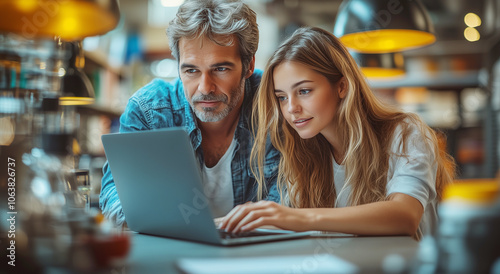 Un hombre y una mujer están sentados en una mesa con un ordenador portátil, trabajando,estudiando o con su negocio on line en internet. Teletrabajo y formación on line. 