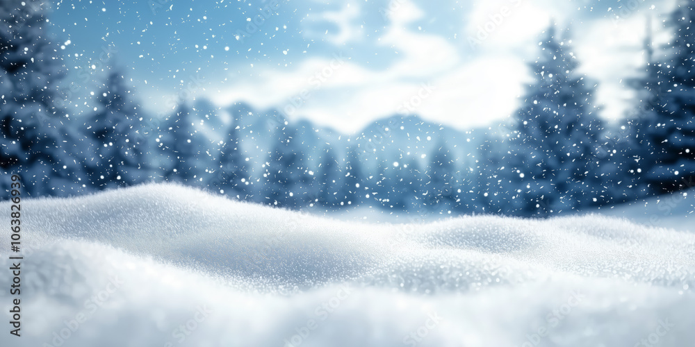 Snow-covered hills in a serene winter forest, with softly falling snowflakes and a bright, clear sky, evoking a tranquil and festive winter atmosphere Snow-covered hills in a serene winter forest, with softly falling snowflakes and a bright, clear sky, evoking a tranquil and festive winter atmosphere