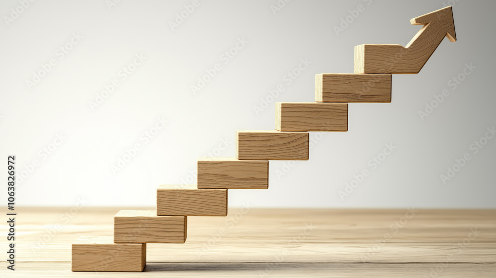 Wooden blocks arranged in a staircase with an upward arrow, representing growth, progress, and success in business or personal development Wooden blocks arranged in a staircase with an upward arrow, representing growth, progress, and success in business or personal development