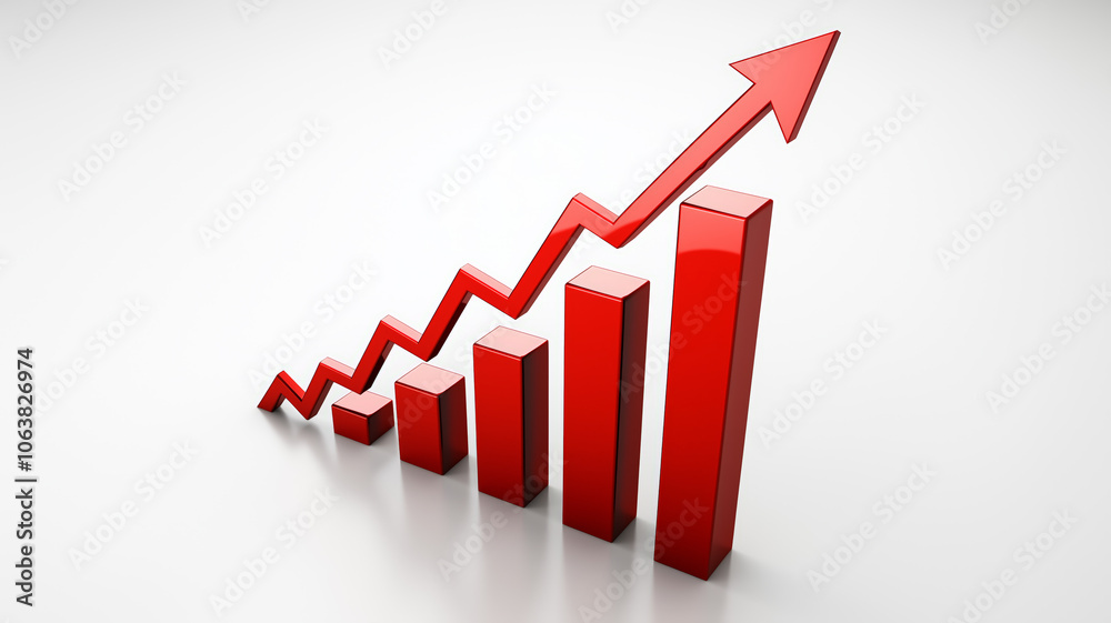 Red 3D bar chart with upward arrow showing financial growth or business success, isolated on a plain background Red 3D bar chart with upward arrow showing financial growth or business success, isolated on a plain background