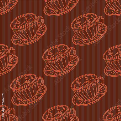 A pattern from a sketch of coffee cups. Vector illustration. An assortment of coffee cups.