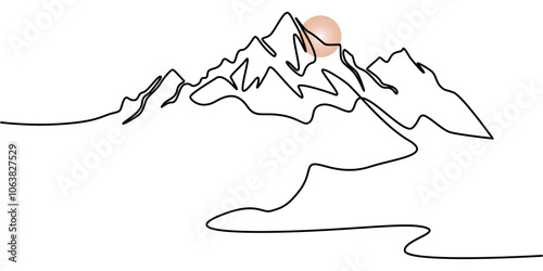 Beautiful mountain landscape. Alpine meadows. Crystal mountain lake. One continuous line drawing on a white isolated background. Minimalism linear illustration, One continuous line drawing of mountain