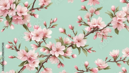 Beautiful cherry blossom pattern on a mint green background for spring designs