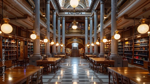 Magnificent Library Hall with Ornate Wooden Shelves and Columns in a Historic University Setting