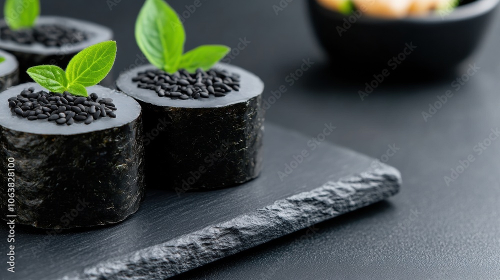 Elegant sushi rolls topped with black sesame seeds and fresh green leaves on slate, AI Elegant sushi rolls topped with black sesame seeds and fresh green leaves on slate, AI