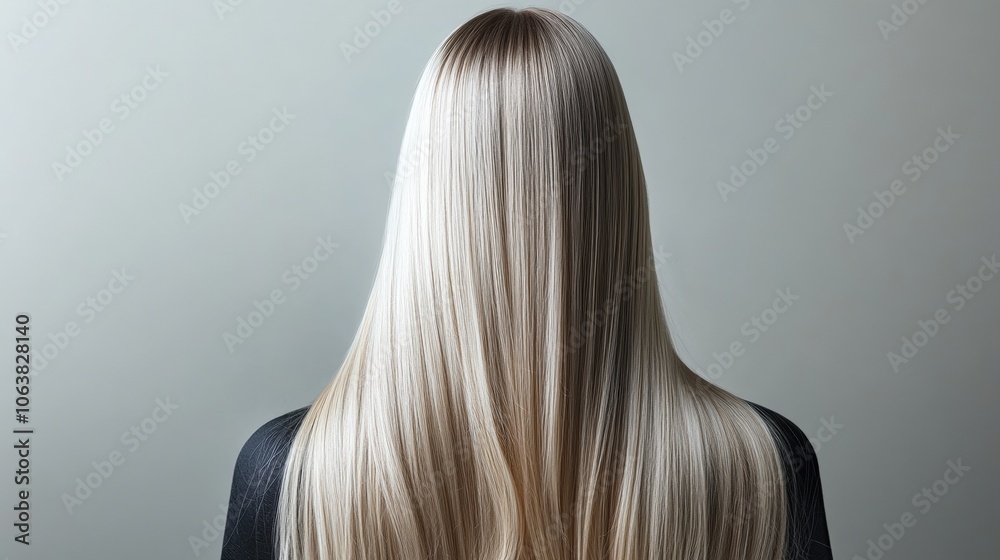 Naklejka premium A close-up view of a person with long, straight platinum blonde hair, facing away from the camera against a soft backdrop, Ideal for beauty, fashion, or hair care product marketing,
