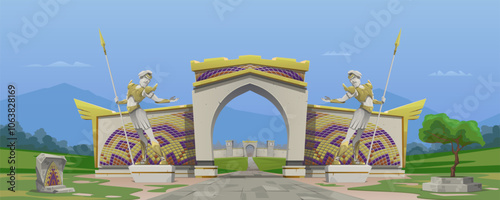 Entrance gate of the kingdom with an arch and a wall decorated with mosaics. A statue of a warrior in armor with a spear guards the road leading to the city. Panorama, vector cartoon illustration.