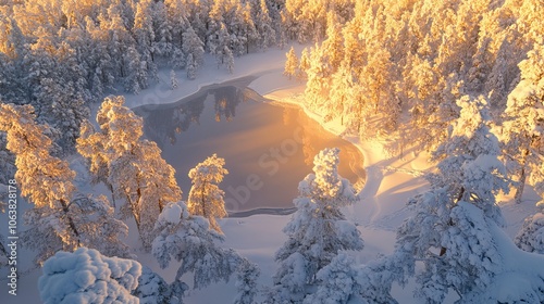 Snow-covered forests and lakes glow in the golden light of the setting sun over Lapland, creating a picturesque winter wonderland. photo