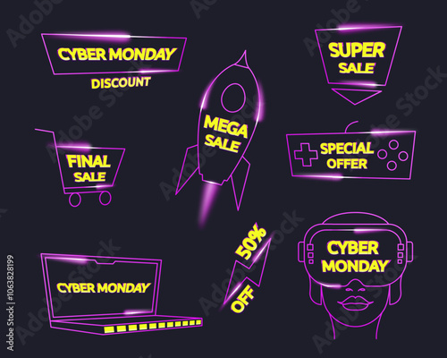 Cyber Monday pop art set, isolated vector with visual effects, cartoon font, light effect. Retro futurism icon set, online business, sale, social media. Vibrant colors, outline line, abstract tech.