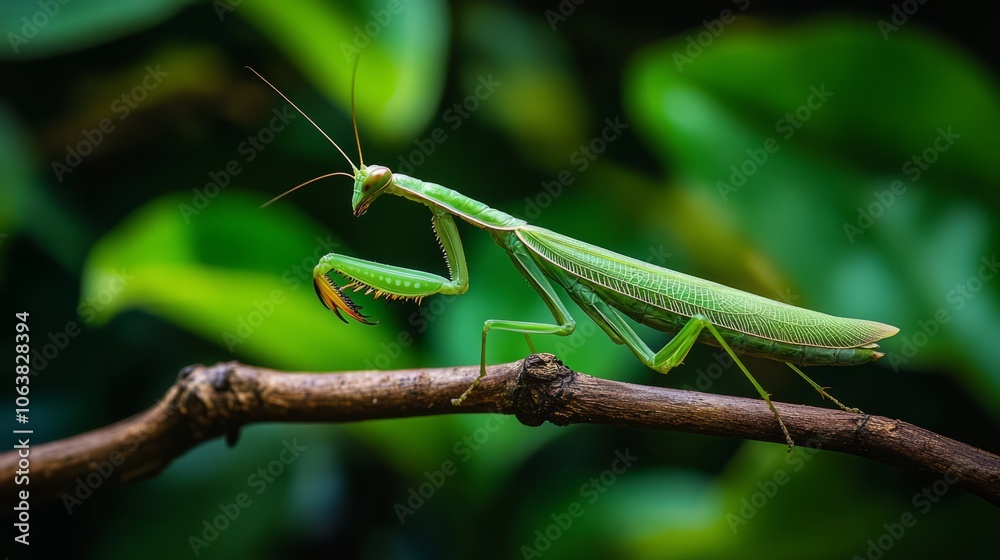 Praying mantis still on a twig, faint leaves behind Praying mantis still on a twig, faint leaves behind