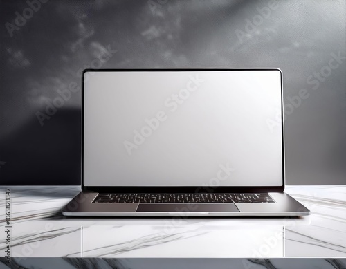 A sleek, modern laptop with a blank screen sits on a polished marble surface photo