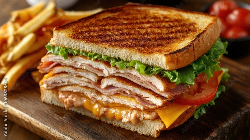 A delicious grilled chicken and ham sandwich with cheese, lettuce, tomato, and a side of fries. A delicious grilled chicken and ham sandwich with cheese, lettuce, tomato, and a side of fries.