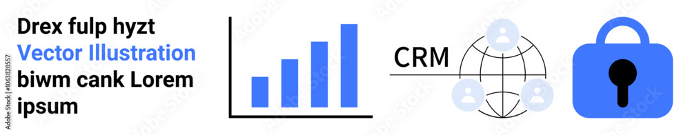 Vertical bar graph, CRM network with people icons, and a blue security lock icon. Ideal for business analytics, customer management, data protection, tech solutions, digital security, marketing Vertical bar graph, CRM network with people icons, and a blue security lock icon. Ideal for business analytics, customer management, data protection, tech solutions, digital security, marketing