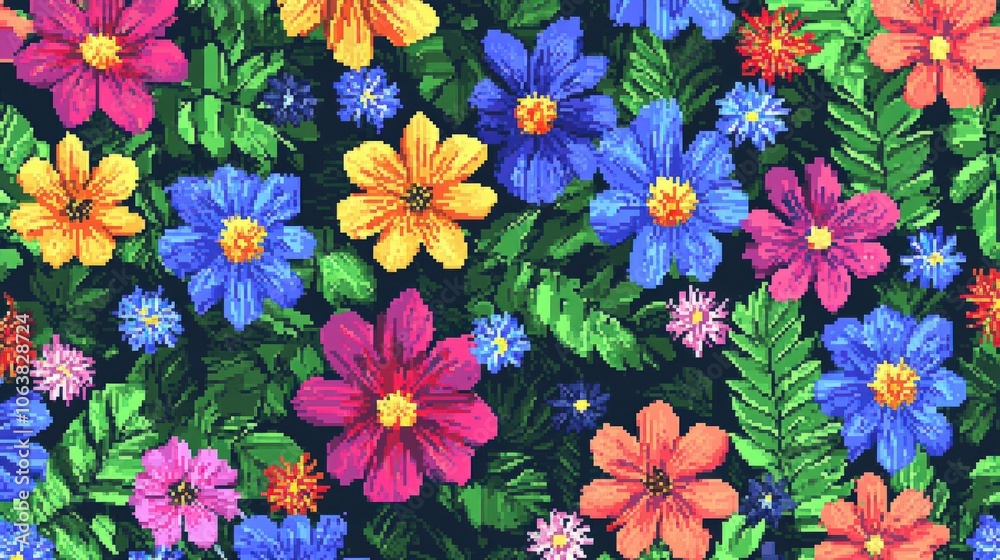 A seamless pattern with pixel art flowers and leaves, arranged in a grid-like structure, combining nature and digital aesthetics in a vibrant, colorful design for home decor or fashion