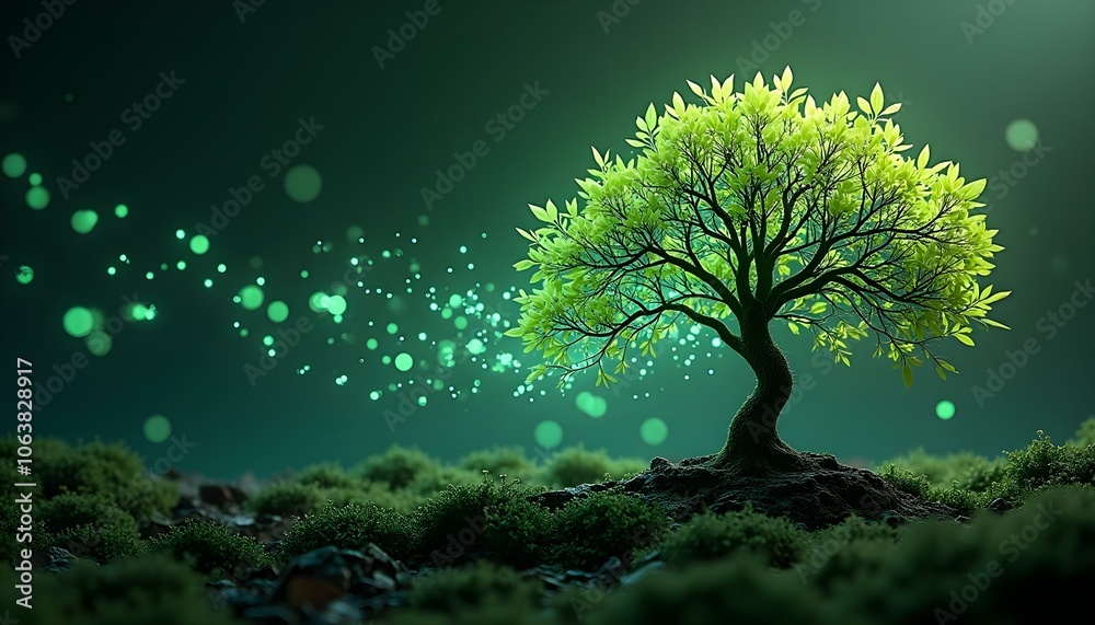 Glowing Green Tree in Dark Magical Forest Glowing Green Tree in Dark Magical Forest