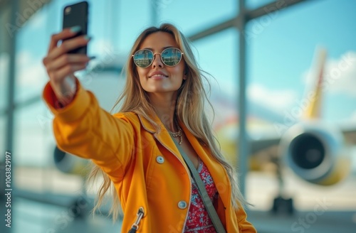 A young woman takes a selfie at the airport while wearing stylish sunglasses and a vibrant yellow coat during a sunny day