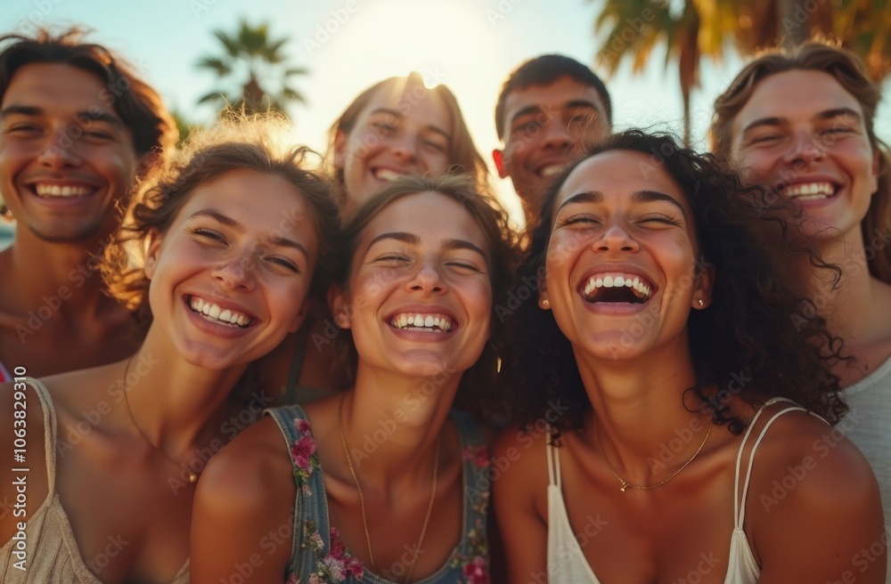 Fototapeta premium A joyful group of friends smiles brightly together during sunset at a tropical beach location