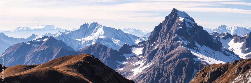 A breathtaking view of snow-capped mountains under a clear blue sky, summit, snow-capped A breathtaking view of snow-capped mountains under a clear blue sky, summit, snow-capped