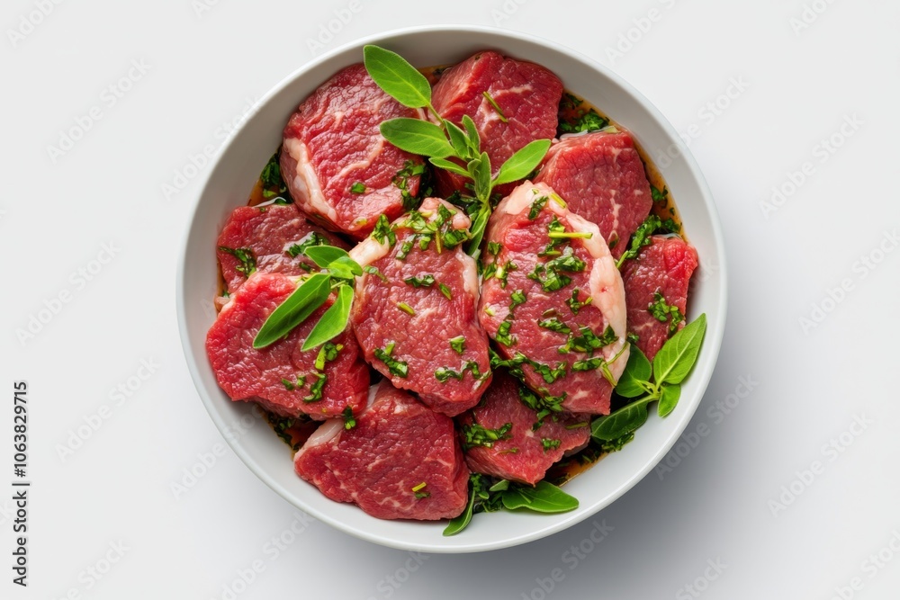 Simple outline of a bowl with marinating meat, with minimal details showing herbs and sauce lightly coating each piece Simple outline of a bowl with marinating meat, with minimal details showing herbs and sauce lightly coating each piece