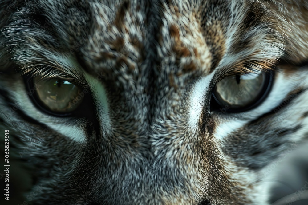 Obraz premium Lynx close-up portrait, piercing gaze, background in various shades of gray .