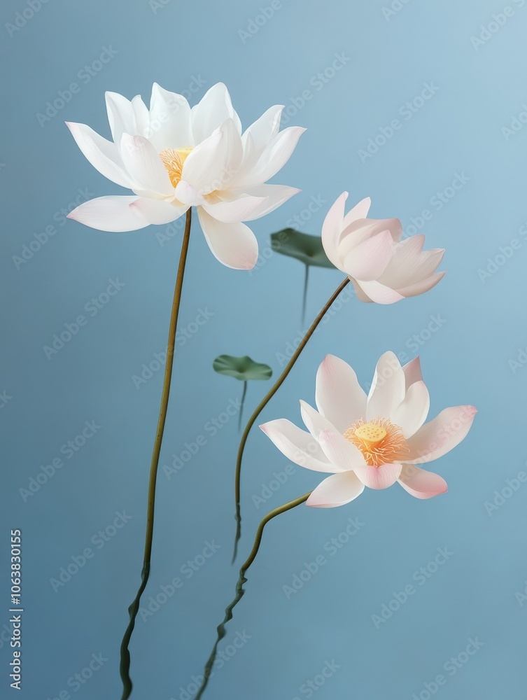 Three water lilies gracefully bloom in a serene blue water setting, symbolizing purity, growth, enlightenment, tranquility, and beauty. Three water lilies gracefully bloom in a serene blue water setting, symbolizing purity, growth, enlightenment, tranquility, and beauty.