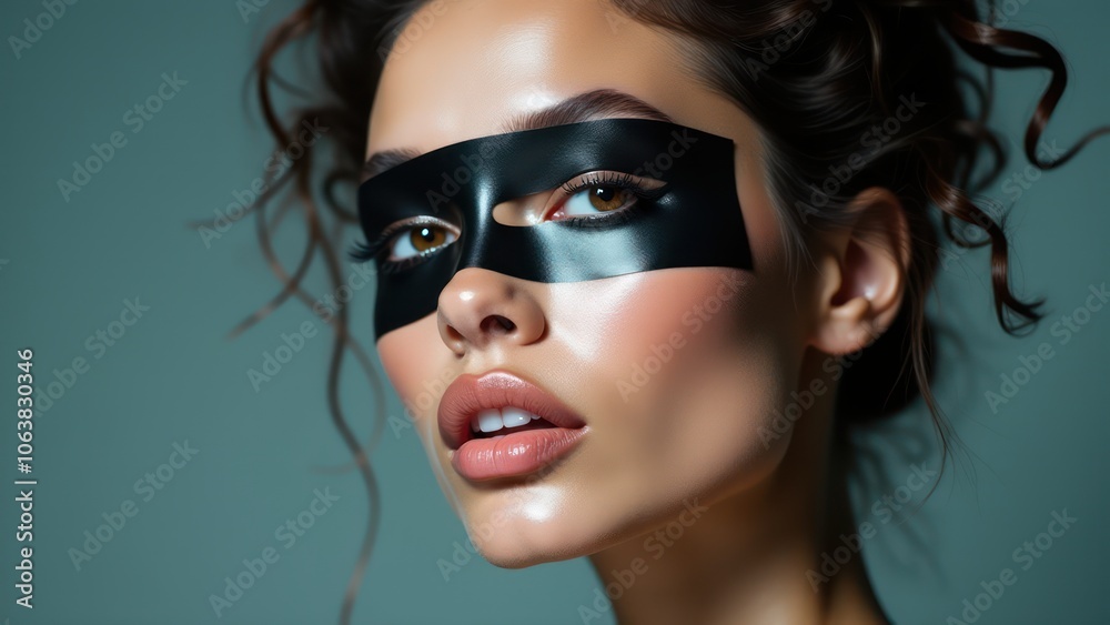 Fototapeta premium Artistic portrait of a woman with a bold tape mask, showcasing a unique and avant-garde fashion look