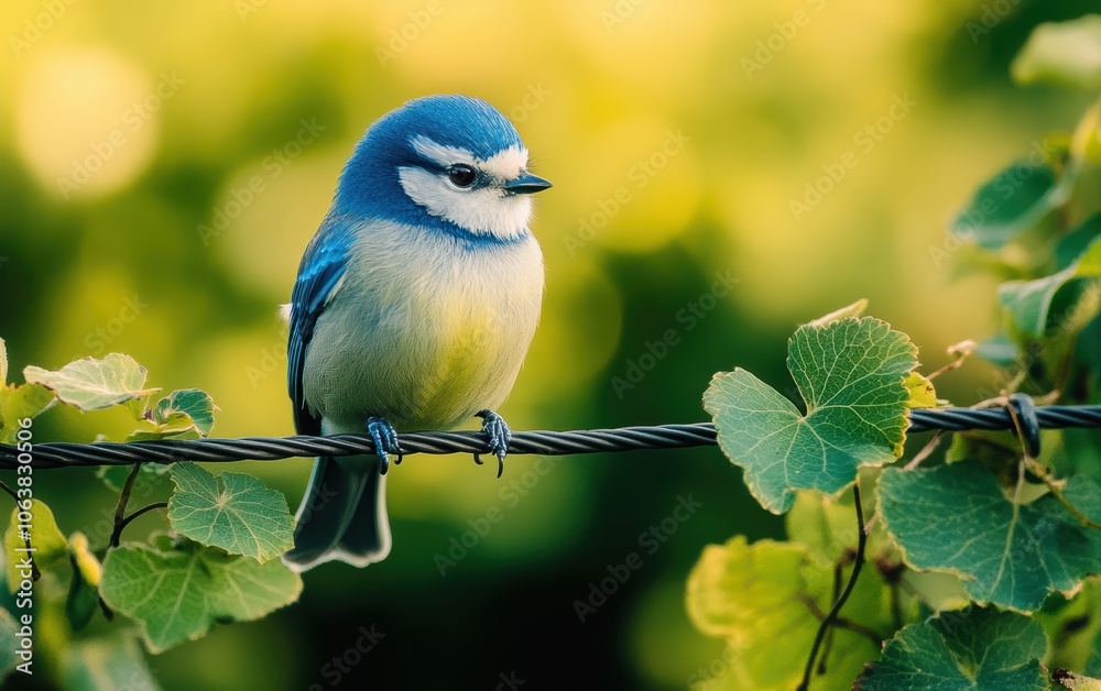 Obraz premium 青い鳥が緑の葉の近くで電線に止まっている美しい瞬間