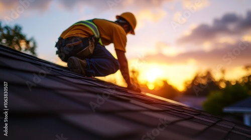 A skilled worker is installing a gutter system on a roof during a beautiful sunset. This image symbolizes hard work, dedication, home improvement, and the beauty of nature.