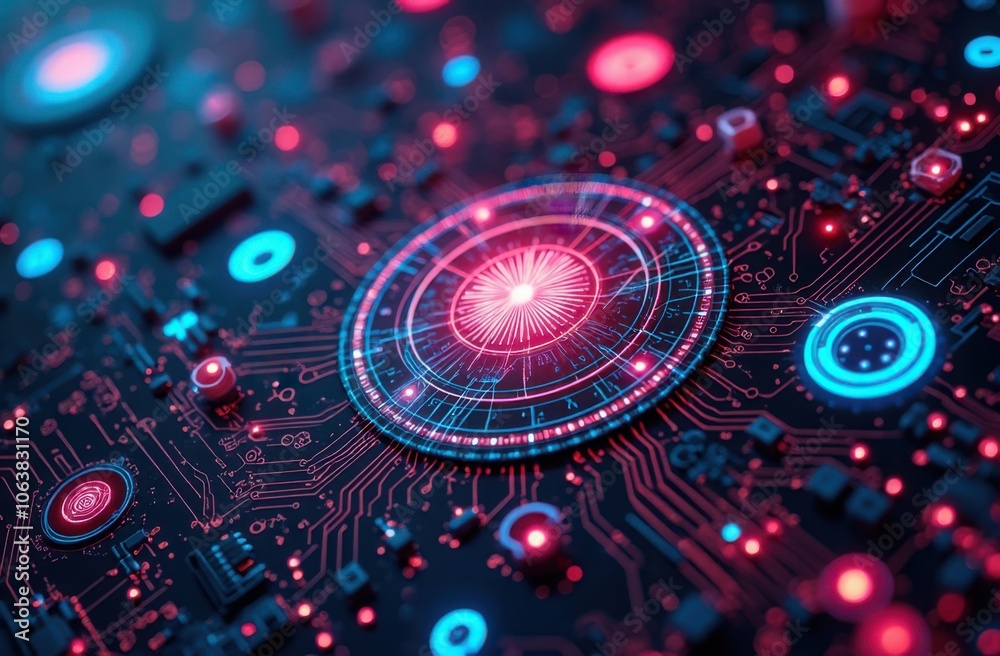 Abstract digital circuit board design with vibrant blue and red lights representing technology advancements and data flow Abstract digital circuit board design with vibrant blue and red lights representing technology advancements and data flow