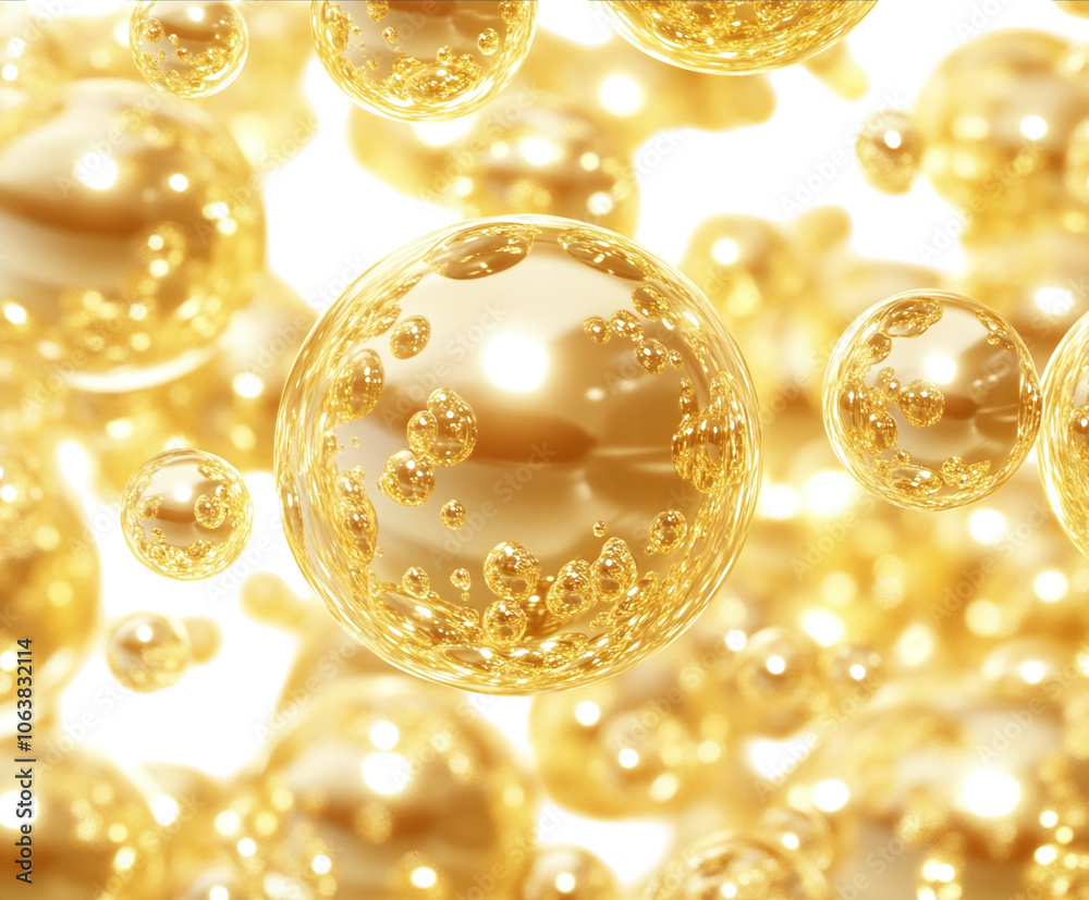 Golden oil bubbles floating on a white background, fully visible and centered. PNG transparent. Golden oil bubbles floating on a white background, fully visible and centered. PNG transparent.