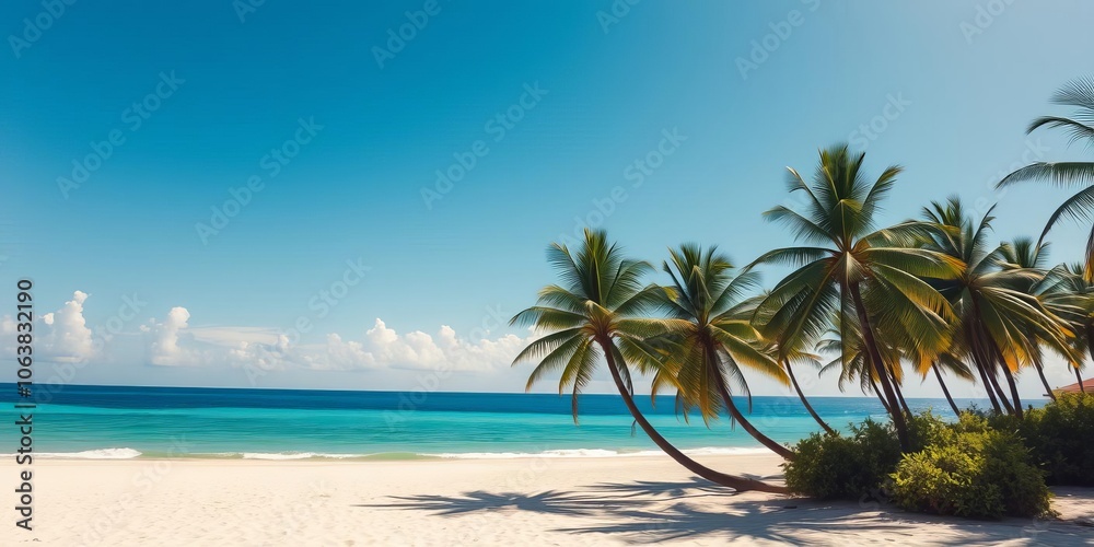 A beautiful tropical beach with golden sand, crystal clear water, and palm trees swaying in the breeze, paradise, coastline A beautiful tropical beach with golden sand, crystal clear water, and palm trees swaying in the breeze, paradise, coastline