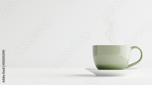 A steaming cup of green tea sits on a white saucer, set against a clean white background. The image evokes feelings of warmth, relaxation, and refreshment.