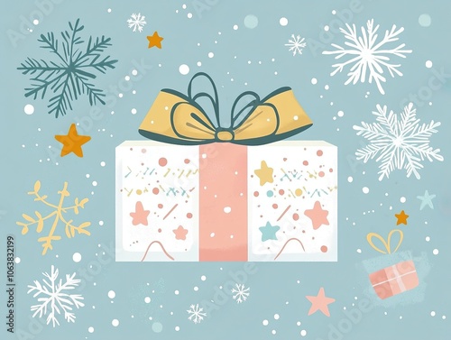 Christmas gift box illustration with snowflakes on blue background.