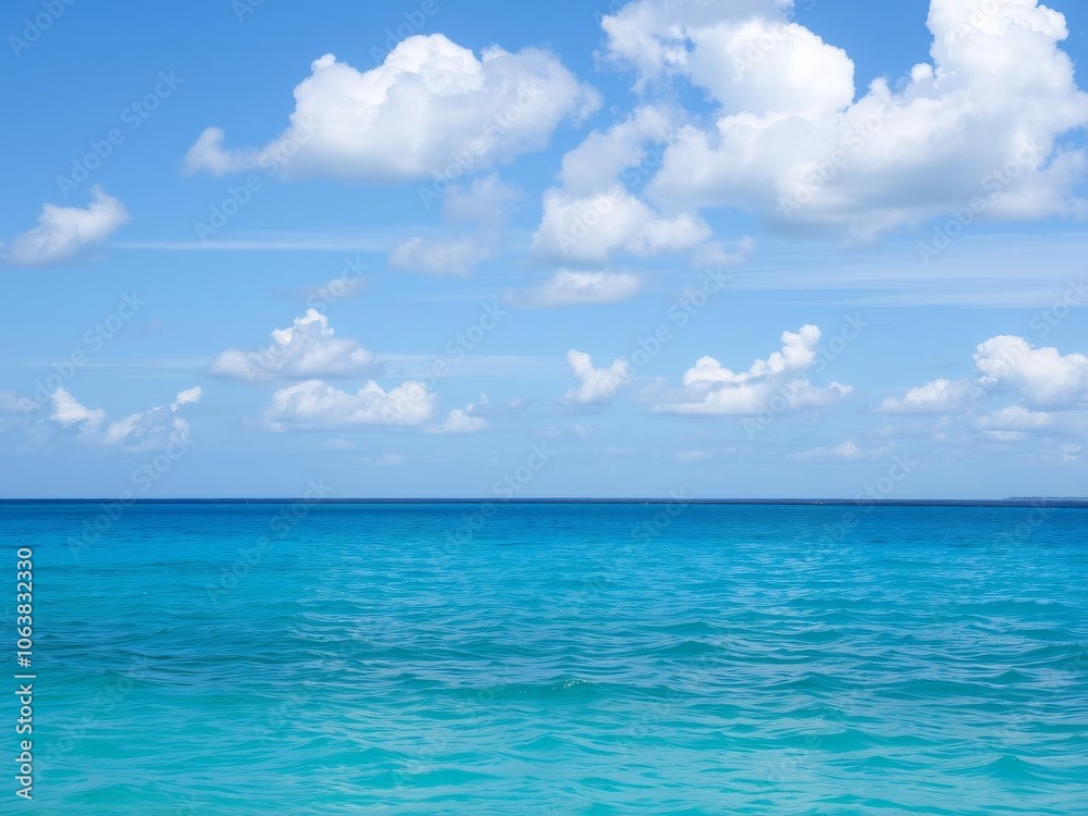 A beautiful photo of a calm ocean background with clear blue water and fluffy white clouds in the sky, peaceful, relaxation A beautiful photo of a calm ocean background with clear blue water and fluffy white clouds in the sky, peaceful, relaxation